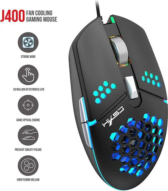 Alt view image 2 of 7 - Gaming Mouse USB Wired, Programmable Fan Cooling Gaming Mice, Ultra-Lightweight Unique Design, Hexagonal Shell Design, Cool RGB Lighting, 6 Buttons, up to 8000 DPI (Black)