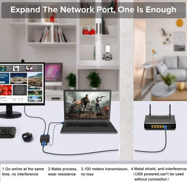 Alt view image 7 of 7 - [Upgraded] RJ45 Ethernet Splitter, Internet Splitter 1 Male to 2 Female Adapter Suitable Super Cat5, Cat5e, Cat6, Cat7 LAN Ethernet Socket Connector Adapter (Black)