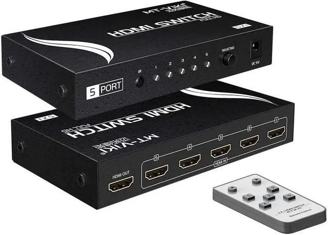 Main image of 5 Port 4K HDMI Switch 5 in 1 Out w/IR Remote Control, 5 Port Switcher Selector Box for Xbox Nintendo PS3 PS4 TV Fire Stick Roku (Black)