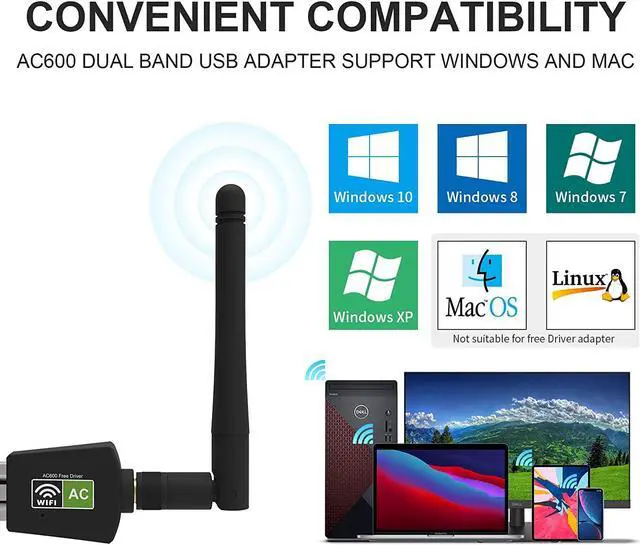 Alt view image 5 of 7 - AC600 USB WiFi Adapter for Laptop Desktop PC, 600M Dual Band Wireless Network Adapter with 2.4GHz/5.8GHz High Gain Antenna, Support Windows 10/8/7/XP/Vista, Mac OS 10.9-10.13 and Linux