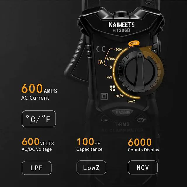 Alt view image 3 of 7 - Digital Clamp Meter T-RMS 6000 Counts, Multimeter Voltage Tester Auto-ranging, Measures Current Voltage Temperature Capacitance Resistance Diodes Continuity Duty-Cycle (AC Clamp Meter)