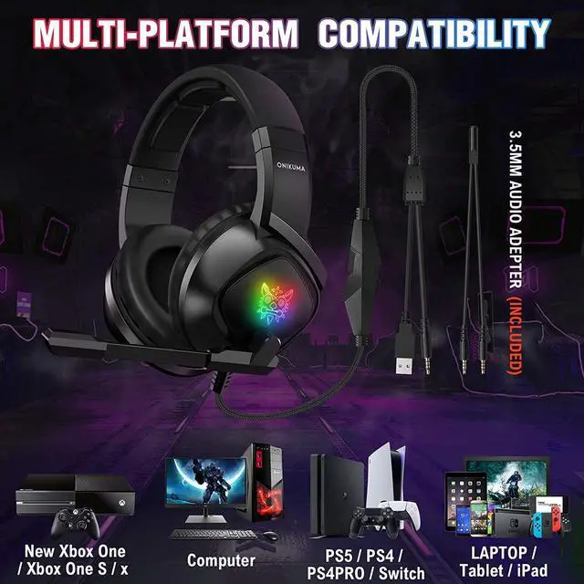 Alt view image 6 of 7 - Wired Gaming Headset -Xbox One Headset PS5 Headset with 7.1 Surround Sound Pro Noise Canceling Gaming Headphones with Mic & RGB LED Light Compatible with PS4, Xbox One, PC(Adapters Not Included)