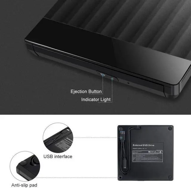 Alt view image 2 of 7 - External CD DVD Drive,USB 3.0 and USB C Port High Speed Data Transfer Portable CD DVD +/-RW Drive Slim DVD/CD ROM Burner Writer Re-writer Compatible with Laptop Desktop Windows/Mac OS/Linux (Black)