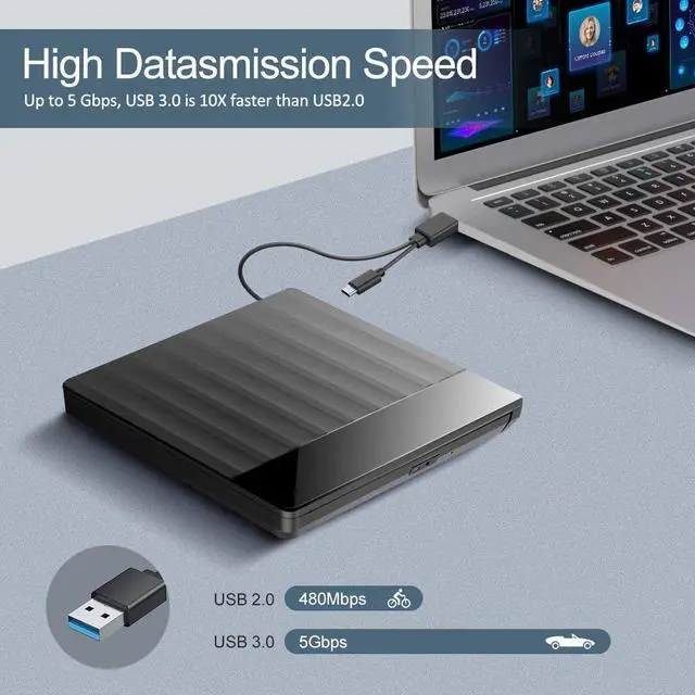 Alt view image 5 of 7 - External CD DVD Drive,USB 3.0 and USB C Port High Speed Data Transfer Portable CD DVD +/-RW Drive Slim DVD/CD ROM Burner Writer Re-writer Compatible with Laptop Desktop Windows/Mac OS/Linux (Black)