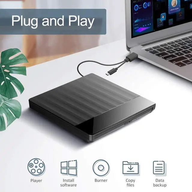 Alt view image 4 of 7 - External CD DVD Drive,USB 3.0 and USB C Port High Speed Data Transfer Portable CD DVD +/-RW Drive Slim DVD/CD ROM Burner Writer Re-writer Compatible with Laptop Desktop Windows/Mac OS/Linux (Black)