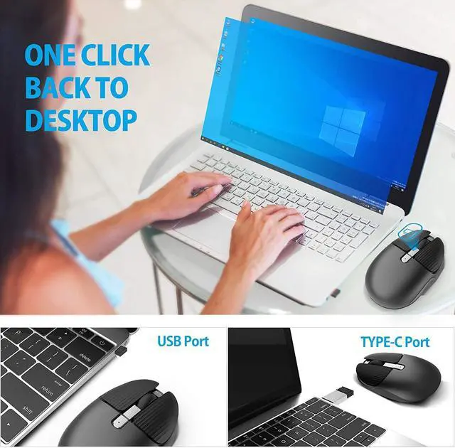 Alt view image 4 of 7 - Bluetooth Mouse, Rechargeable Dual Mode(Bluetooth 5.0 + USB)2.4GHz Wireless Bluetooth Mouse with Type C Adapter for Laptop/iPad/MacBook/PC, Windows 8.0/MacOS 10.10/iPad OS 13/Android 4.3 or Later