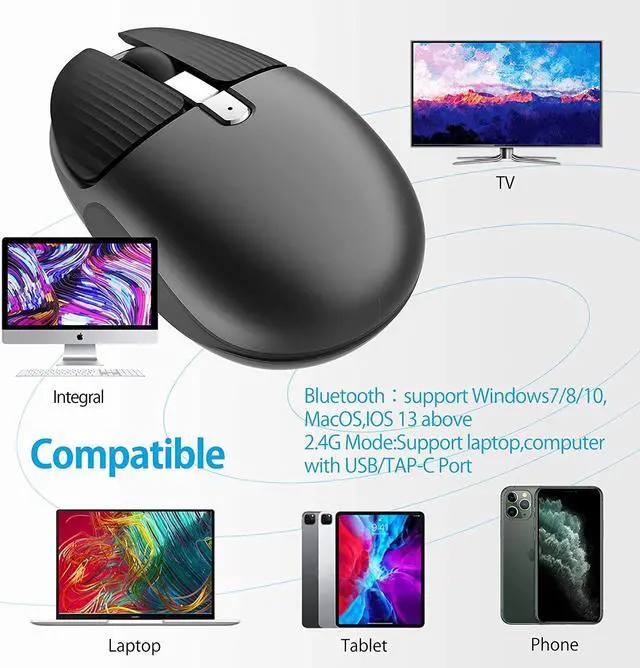 Alt view image 7 of 7 - Bluetooth Mouse, Rechargeable Dual Mode(Bluetooth 5.0 + USB)2.4GHz Wireless Bluetooth Mouse with Type C Adapter for Laptop/iPad/MacBook/PC, Windows 8.0/MacOS 10.10/iPad OS 13/Android 4.3 or Later