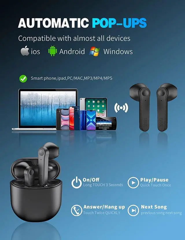 Alt view image 6 of 7 - True Wireless Earbuds, Bluetooth 5.0 Headphones In-Ear Earphones Hi-Fi Stereo Sound Sweatproof Earphones Sport Headset Built-in Mic with Charging Case,compatible with IOS/Android/EarPods (Black)