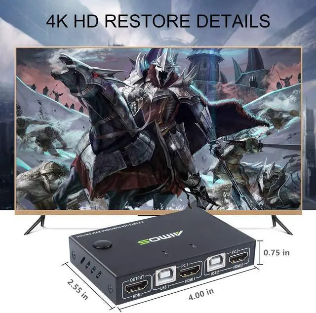 Alt view image 2 of 7 - KVM Switch HDMI 2 Port Box, USB and HDMI Switches 4 USB Hub, UHD 4K @30Hz, for 2 Computers Share Keyboard Mouse and one HD Monitor