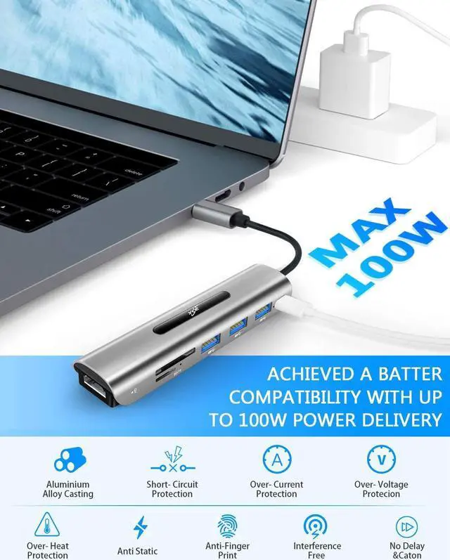 Alt view image 4 of 7 - USB C Hub, 7 in 1 USB C to 4K HDMI Adapter with 100W Power Delivery, 3 USB 3.0 Ports, SD/TF Card Readers for MacBook/Pro/Air/iMac/iPad Pro and Type C Laptops Chromebook