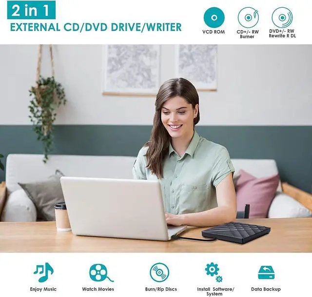 Alt view image 2 of 7 - External DVD Drive with USB 3.0 & Type-C Converter External CD DVD Drive Portable CD DVD RW Reader Re-writer Burner for Laptop Desktop PC Compatible with Windows Mac OS Vista Linux System