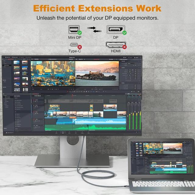 Alt view image 4 of 7 - Mini DisplayPort to DisplayPort Cable 2M, Mini DP to DP, DP 1.4 Cable supports AMD Eyefinity, NVIDIA Mosaic Technology, 8K@60Hz, 4K@144Hz, HDR, FreeSync, G-SYNC for NUC, Laptop, PC, Graphics and more