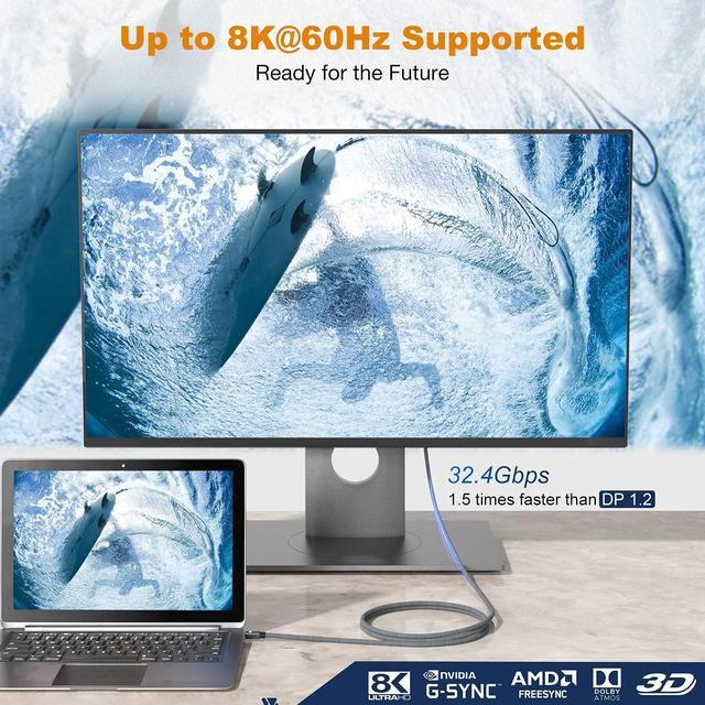 Alt view image 2 of 7 - Mini DisplayPort to DisplayPort Cable 2M, Mini DP to DP, DP 1.4 Cable supports AMD Eyefinity, NVIDIA Mosaic Technology, 8K@60Hz, 4K@144Hz, HDR, FreeSync, G-SYNC for NUC, Laptop, PC, Graphics and more