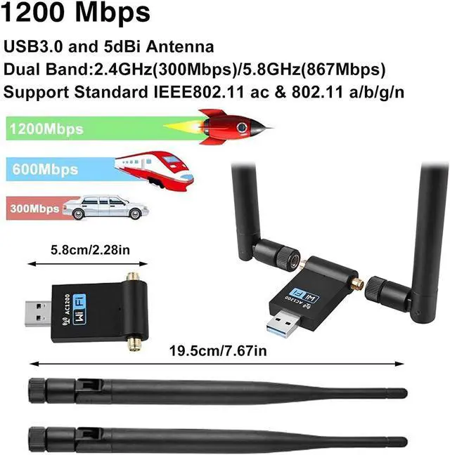 Alt view image 3 of 7 - WLAN Stick, USB 3.0 WiFi Adapter 1200Mbps WiFi Dongle Dual Band 2.4 / 5.8 GHz Wireless Network Adapter with 2 x 5dBi Antenna WiFi Receiver for Windows / Mac OS / Linux / desktop / PC / laptop