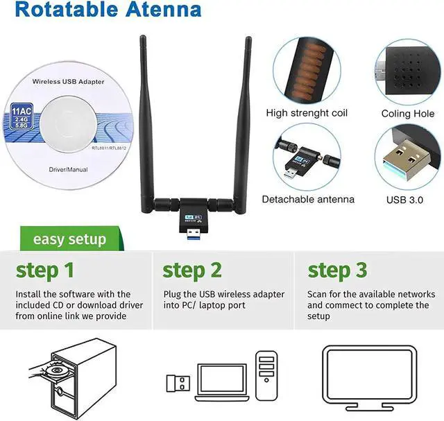 Alt view image 6 of 7 - WLAN Stick, USB 3.0 WiFi Adapter 1200Mbps WiFi Dongle Dual Band 2.4 / 5.8 GHz Wireless Network Adapter with 2 x 5dBi Antenna WiFi Receiver for Windows / Mac OS / Linux / desktop / PC / laptop