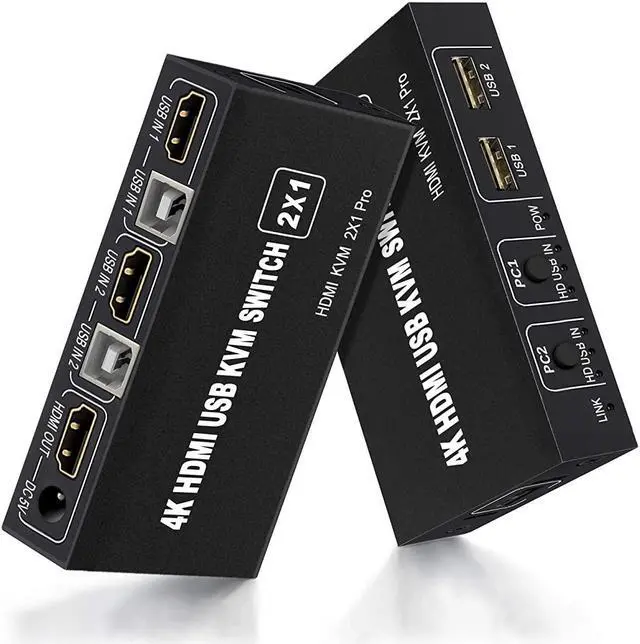 Main image of KVM Switch HDMI 2 Port, USB and HDMI Switch for 2 Computers Share Keyboard Mouse Printer Monitor Support HUD 4K @30Hz for Laptop, PC, Xbox HDTV, with 2X USB Cable,1x Switch Button Cable