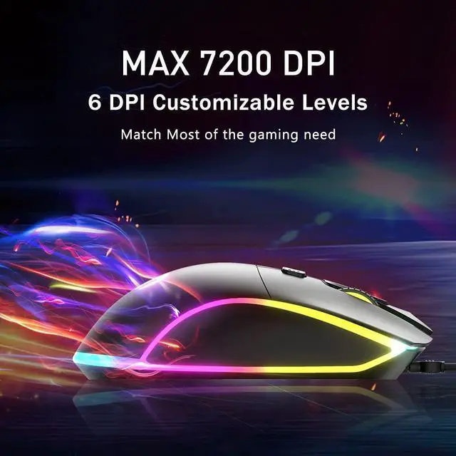 Alt view image 3 of 7 - RBG Wired Gaming Mouse, 7 Programmable Buttons, Brilliant RGB Backlit LED, Max 7200 DPI with 6 Customizeable Levels, Ergonomic Gaming Mouse for Gamer, for Windows PC Gaming - Black