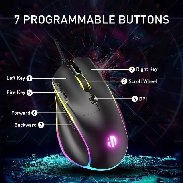 Alt view image 4 of 7 - RBG Wired Gaming Mouse, 7 Programmable Buttons, Brilliant RGB Backlit LED, Max 7200 DPI with 6 Customizeable Levels, Ergonomic Gaming Mouse for Gamer, for Windows PC Gaming - Black