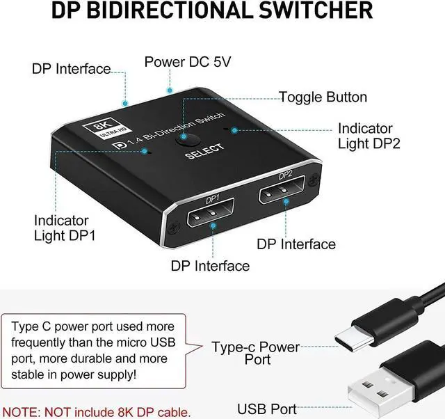 Alt view image 2 of 7 - 8K DisplayPort DP 1.4 Switch, Bi-Direction 1 in 2 Out, 2 in 1 Out Displayport DP Switch, 8K @30Hz 4K @120Hz Displayport Splitter Switcher for Multiple Source and displays