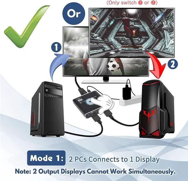 Alt view image 4 of 7 - 8K DisplayPort DP 1.4 Switch, Bi-Direction 1 in 2 Out, 2 in 1 Out Displayport DP Switch, 8K @30Hz 4K @120Hz Displayport Splitter Switcher for Multiple Source and displays
