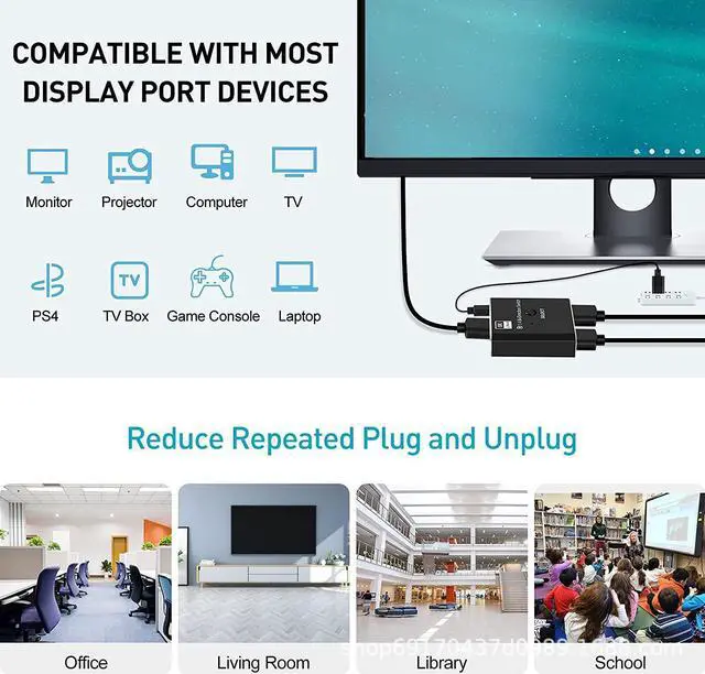Alt view image 5 of 7 - 8K DisplayPort DP 1.4 Switch, Bi-Direction 1 in 2 Out, 2 in 1 Out Displayport DP Switch, 8K @30Hz 4K @120Hz Displayport Splitter Switcher for Multiple Source and displays
