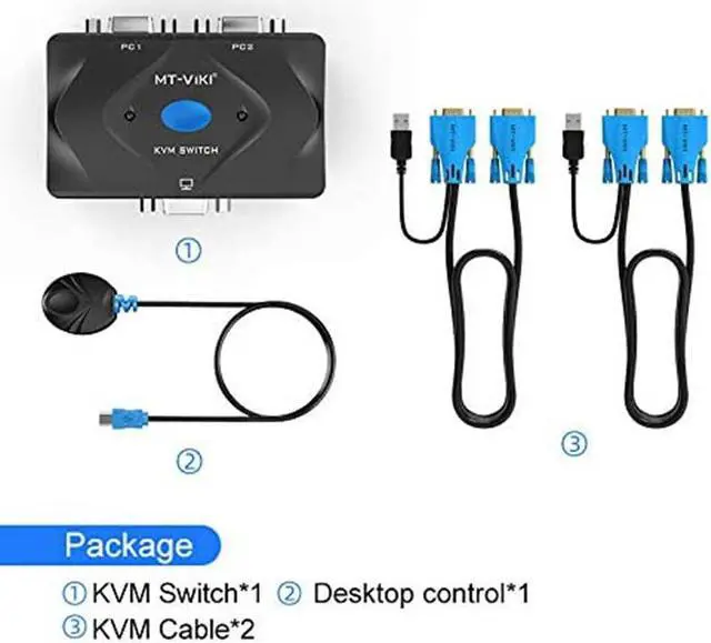 Alt view image 3 of 7 - MT-VIKI KVM Switch VGA 2 Port, KVM Switch Console with 3 USB Hub + 2 in1 Cables + Desktop Selector