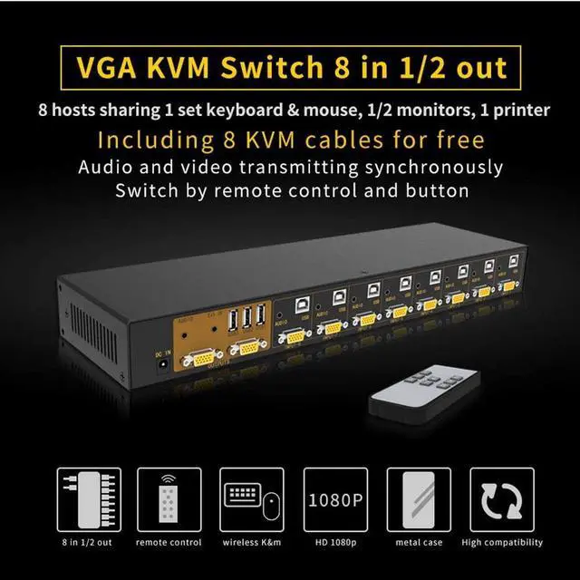 Alt view image 2 of 7 - VGA KVM Switch 8 Port 8 in 2 Out Switcher 8x2 VGA Switch Supports Wireless Keyboard and Mouse Audio USB 2.0 Devices Sharing 8 Computers with Remote Control