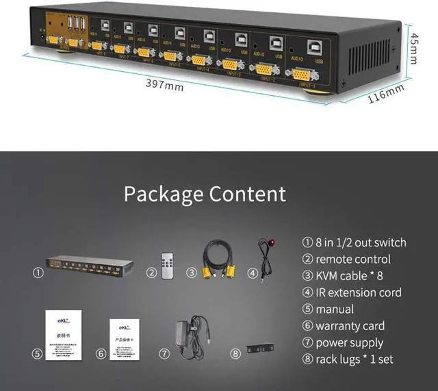 Alt view image 7 of 7 - VGA KVM Switch 8 Port 8 in 2 Out Switcher 8x2 VGA Switch Supports Wireless Keyboard and Mouse Audio USB 2.0 Devices Sharing 8 Computers with Remote Control
