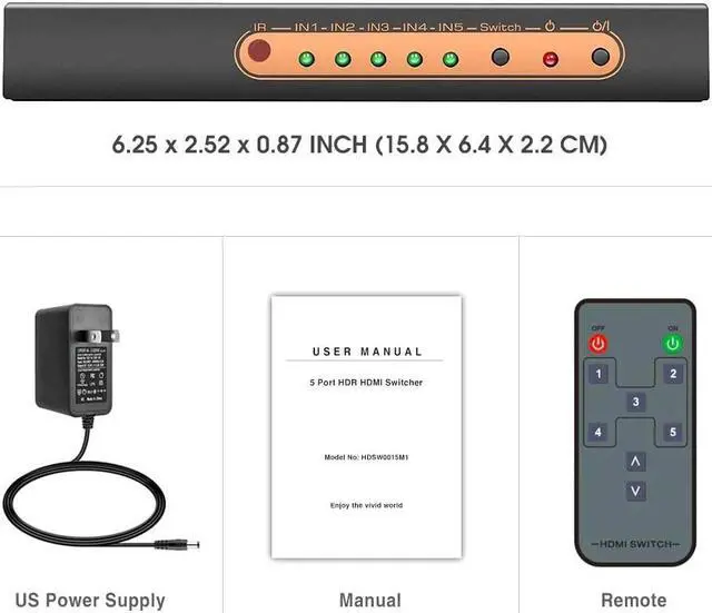 Alt view image 7 of 7 - 5 Port 4K HDMI Switch with Remote Premium 5 in 1 Out 4K @60Hz HDMI2.0 Switcher Selector, Support HDR 10, HDCP 2.2, Dolby Vision/ Atmos, Auto-Switch, 18Gbps, CEC, 1080P/3D