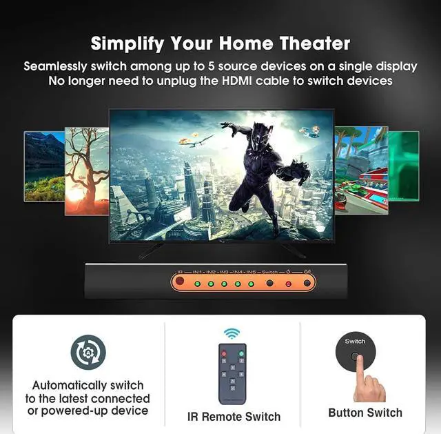 Alt view image 4 of 7 - 5 Port 4K HDMI Switch with Remote Premium 5 in 1 Out 4K @60Hz HDMI2.0 Switcher Selector, Support HDR 10, HDCP 2.2, Dolby Vision/ Atmos, Auto-Switch, 18Gbps, CEC, 1080P/3D
