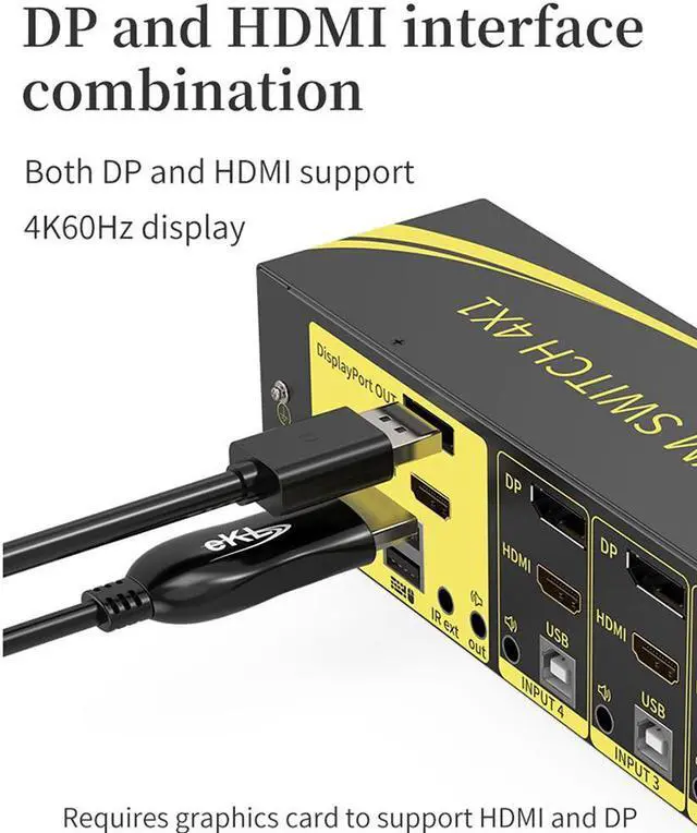 Alt view image 2 of 7 - 4 in 2 out DP HDMI KVM Switch, Dual Screen KVM Switch supports 4 hosts to share 1 set of Keyboard and Mouse and 2 Monitors, 4K @60Hz, DP1.2, HDMI2.0