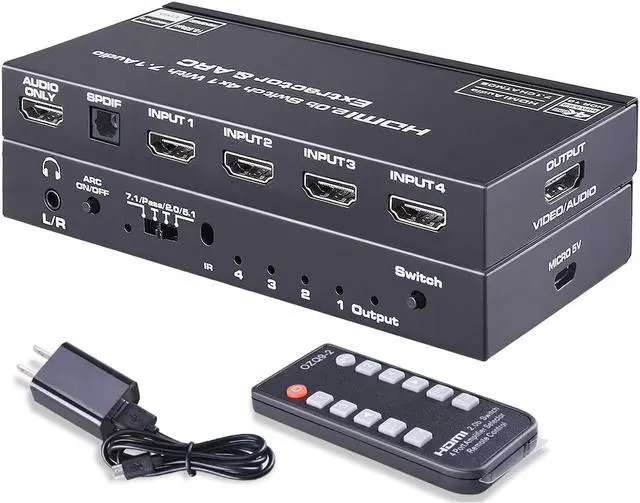 Main image of 4 Port HDMI 2.0 Switch - 4x1 HDMI Switcher Selector with 7.1 Audio Extractor Optical SPDIF + L/R 3.5mm Audio Out Include IR Remote Support ARC 4K @60HZ HDCP 2.2 3D for PS4/ Roku/Xbox One