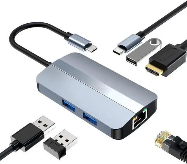 Main image of 6-in-1 USB C Hub, Multiport Type C Adapter with 4K HDMI, 2x USB 2.0, 1x USB 3.0, 1x 87W PD, 1 x RJ45 Ethernet Adapter, USB-C Docking Station Type C Dongle Compatible with Laptop Windows, MacOS