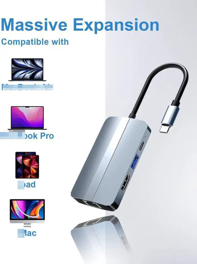 Alt view image 5 of 7 - 6-in-1 USB C Hub, Multiport Type C Adapter with 4K HDMI, 2x USB 2.0, 1x USB 3.0, 1x 87W PD, 1 x RJ45 Ethernet Adapter, USB-C Docking Station Type C Dongle Compatible with Laptop Windows, MacOS