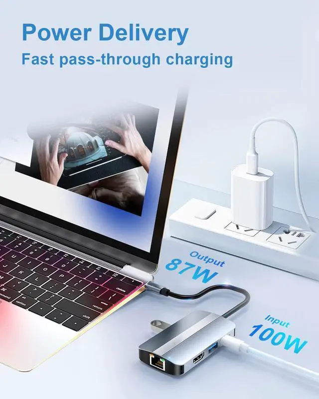 Alt view image 7 of 7 - 6-in-1 USB C Hub, Multiport Type C Adapter with 4K HDMI, 2x USB 2.0, 1x USB 3.0, 1x 87W PD, 1 x RJ45 Ethernet Adapter, USB-C Docking Station Type C Dongle Compatible with Laptop Windows, MacOS