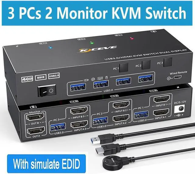 Main image of USB 3.0 HDMI KVM Switch 4K@60Hz, Dual Monitor HDMI KVM Switcher With EDID Emulator, Support Copy and Extended Display, for 3 PCs Share 2 Displays and 4 USB 3.0 Ports, Wired Remote and Cables Included
