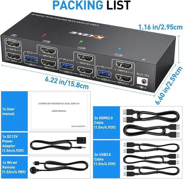 Alt view image 7 of 7 - USB 3.0 HDMI KVM Switch 4K@60Hz, Dual Monitor HDMI KVM Switcher With EDID Emulator, Support Copy and Extended Display, for 3 PCs Share 2 Displays and 4 USB 3.0 Ports, Wired Remote and Cables Included