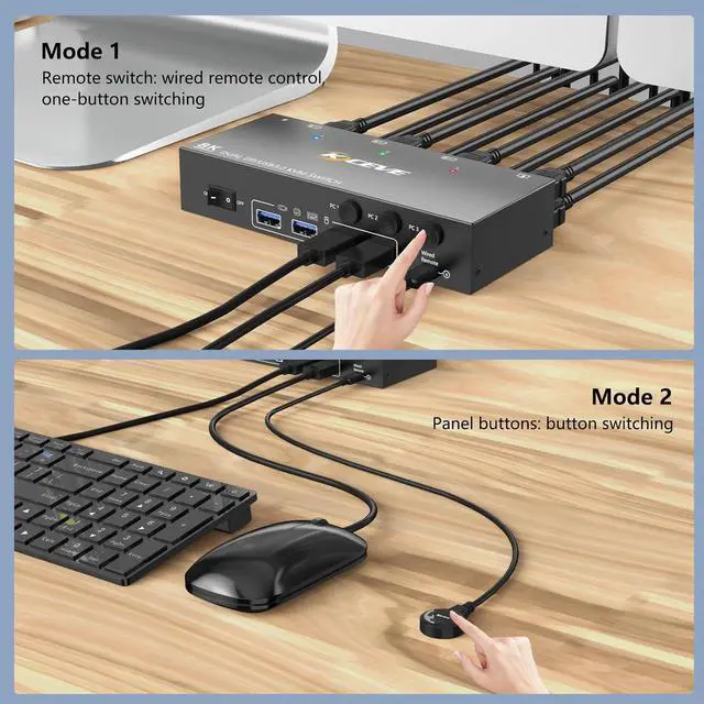 Alt view image 7 of 7 - USB 3.0 Displayport KVM Switch 3 PC 2 Monitors 4K@144Hz 8K@30Hz, Dual Monitor KVM Switch 3 in 2 Out with DisplayPort 1.4 and 4 USB 3.0 Ports for 2 PC/Laptops, with DP+USB Cable and Desktop Controller