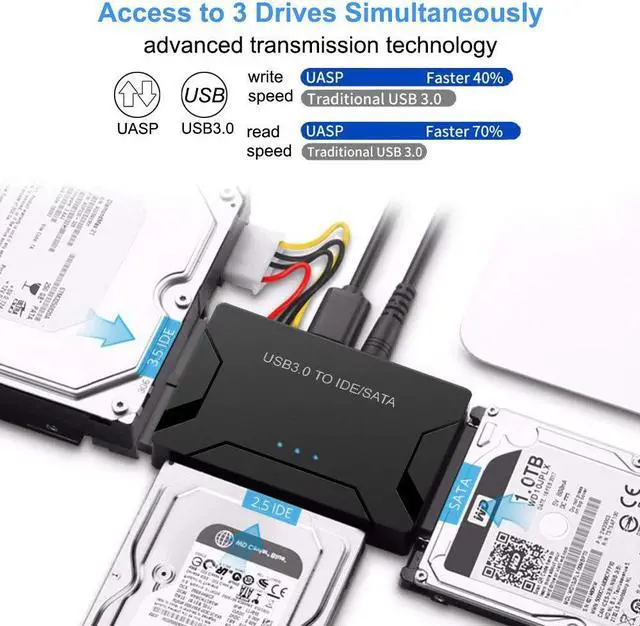 Alt view image 4 of 7 - USB 3.0 to SATA/IDE Adapter with Universal 2.5"/3.5" Hard Drive Disk Converter for HDD/SSD & IDE HDD, Support 6TB and One-Touch Backup, Include 12V 2A Power Adapter USB 3.0 Cable for Laptop
