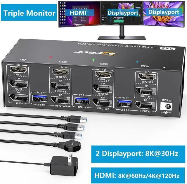 Main image of KVM Switch 3 Computers 3 Monitors, HDMI + 2 DisplayPort Triple Monitor USB 3.0 KVM Switcher, 8K@30Hz/4K@144Hz HDMI+2 DP KVM for 3 PC Share 3 Display and 4 USB3.0 Devices, Wired Remote Included