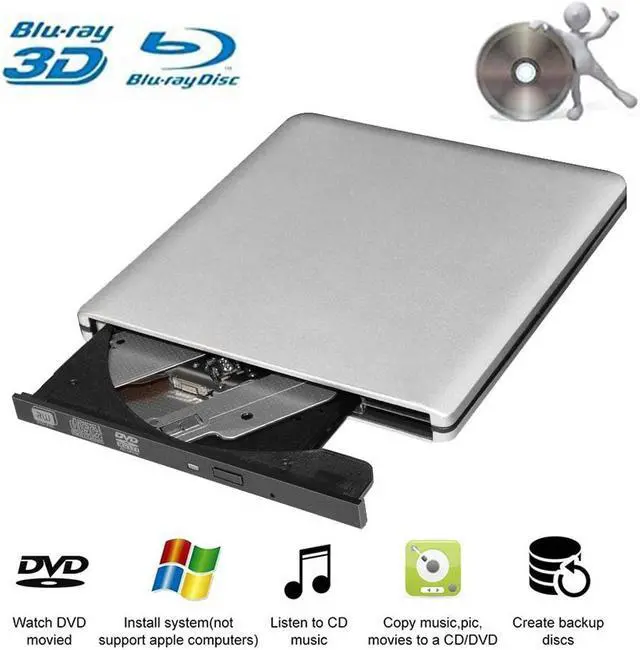 Main image of External Blu-Ray DVD Drive USB 3.0 Portable Ultra-Thin 3D CD BD Blu-ray Player/Writer/Burner BD-ROM for Computer PC Desktop Laptop-Does not include tablets (Silver)