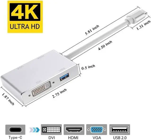 Alt view image 6 of 7 - USB C to HDMI/DVI/VGA Adapter, 4 in 1 USB 3.0 Type-C Hub VGA/HDMI/DVI Video Adapter 4K UHD, Support HDMI&VGA, DVI&VGA Simultaneously, Male to Female Multi-Display Video Converter