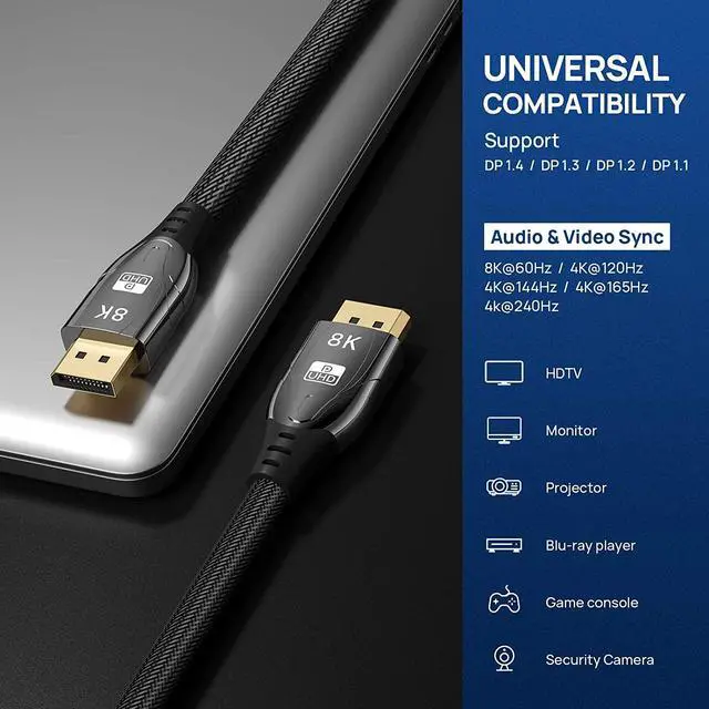 Alt view image 4 of 6 - DisplayPort Cable DP 1.4, 8K 6.6ft/2M DP to DP Cable, High Speed 32.4Gbps, Support 8k @60Hz 7680x4320, 4K @144Hz, 2K @165Hz, HDR, UltraHD (Black, 6.6Feet) eokCXOY