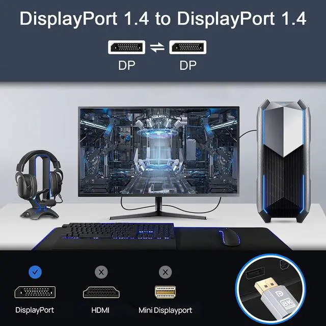 Alt view image 4 of 7 - 8K Displayport 1.4 Cable 6.6ft/2M, High Refresh Ultra HD DP to DP 32.4Gbps Lead, Supports 8K@60Hz, 4K@144Hz, HDR 10, 3D, FreeSync & G-Sync, Compatible for Gaming Monitor, HDTV, Display, PC/Laptop