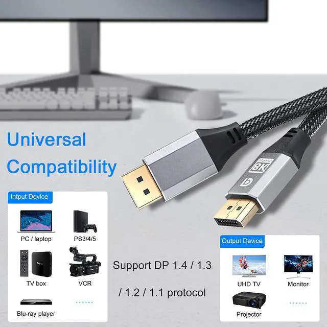 Alt view image 7 of 7 - 8K Displayport 1.4 Cable 6.6ft/2M, High Refresh Ultra HD DP to DP 32.4Gbps Lead, Supports 8K@60Hz, 4K@144Hz, HDR 10, 3D, FreeSync & G-Sync, Compatible for Gaming Monitor, HDTV, Display, PC/Laptop