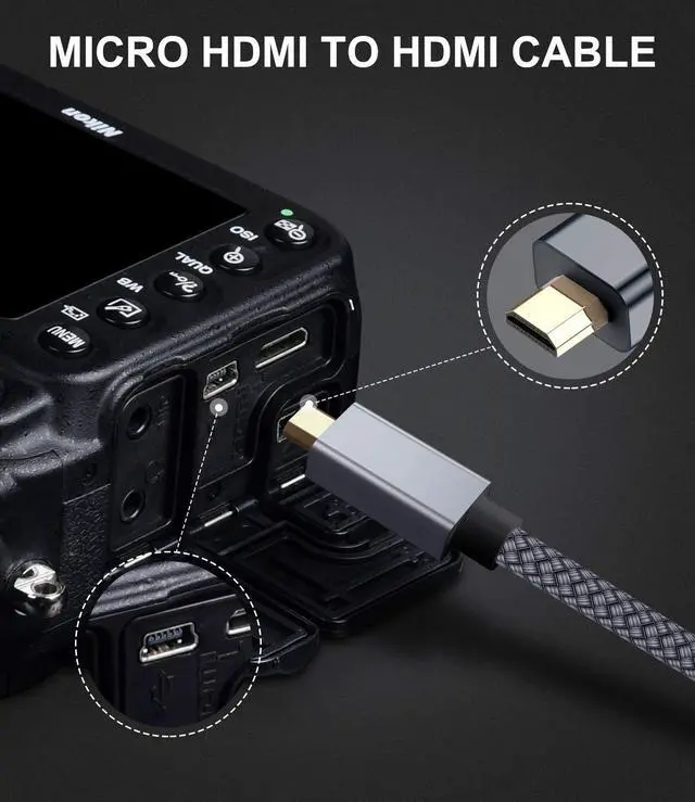 Alt view image 2 of 7 - Micro HDMI to HDMI Cable 6.6ft/2M, 4K-60Hz HDMI Type D to HDMI Type A Nylon-braided Lead for Raspberry Pi 4 b/4b/400,GoPro Black Hero 7 6 5,Sony Camera A6000,Nikon B500,Lenovo Yoga 3 Pro 710,Canon