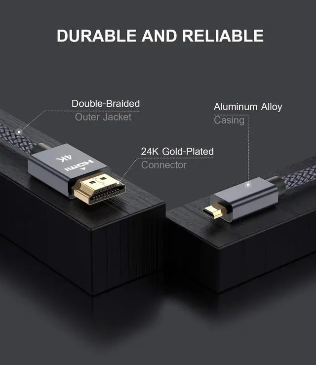 Alt view image 7 of 7 - Micro HDMI to HDMI Cable 6.6ft/2M, 4K-60Hz HDMI Type D to HDMI Type A Nylon-braided Lead for Raspberry Pi 4 b/4b/400,GoPro Black Hero 7 6 5,Sony Camera A6000,Nikon B500,Lenovo Yoga 3 Pro 710,Canon