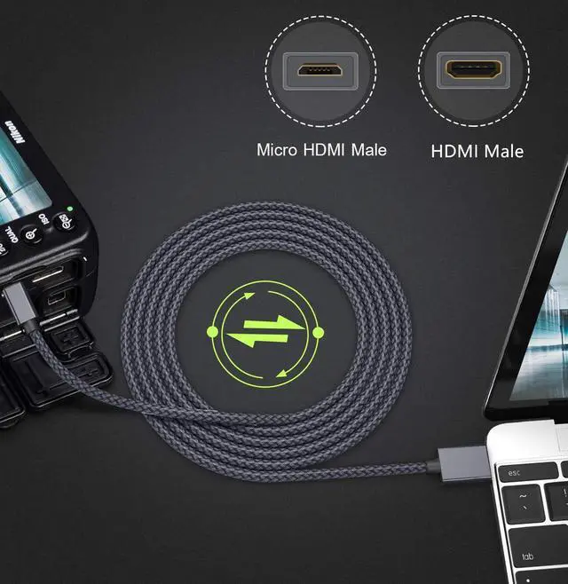 Alt view image 6 of 7 - Micro HDMI to HDMI Cable 6.6ft/2M, 4K-60Hz HDMI Type D to HDMI Type A Nylon-braided Lead for Raspberry Pi 4 b/4b/400,GoPro Black Hero 7 6 5,Sony Camera A6000,Nikon B500,Lenovo Yoga 3 Pro 710,Canon