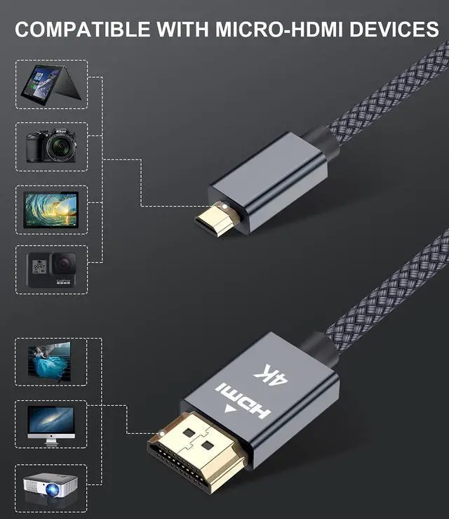 Alt view image 3 of 7 - Micro HDMI to HDMI Cable 6.6ft/2M, 4K-60Hz HDMI Type D to HDMI Type A Nylon-braided Lead for Raspberry Pi 4 b/4b/400,GoPro Black Hero 7 6 5,Sony Camera A6000,Nikon B500,Lenovo Yoga 3 Pro 710,Canon