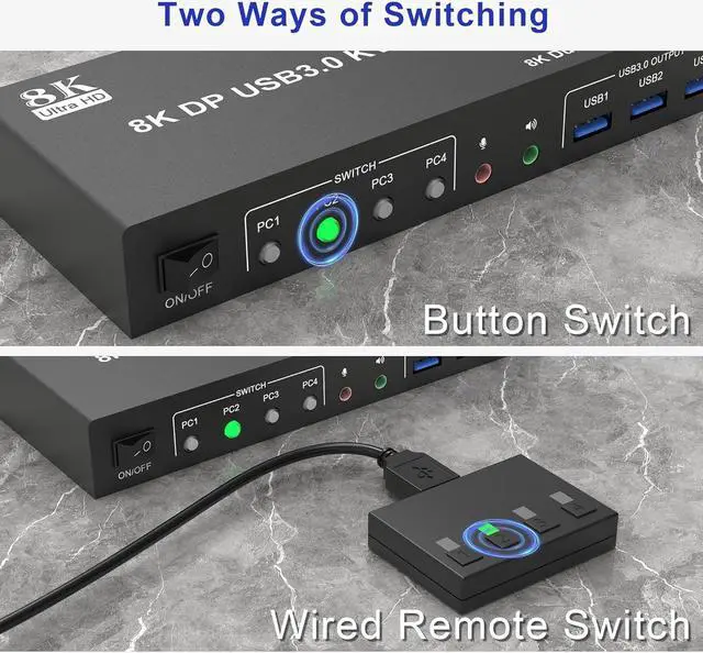 Alt view image 7 of 7 - 8K@60Hz Displayport USB 3.0 KVM Switch 2 Monitors 4 Computers, DP1.4 KVM Switch Dual Monitor with Audio Microphone Output and 3 USB 3.0 Ports, 4 Port Displayport KVM Switch for 4 PCs 2 Monitors